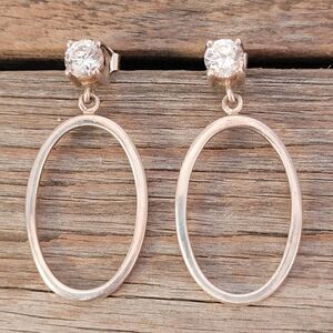 Sterling Silver CZ Post Oval Hoop Drop Earrings